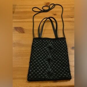 Signature Club A: Black flat square beaded  Crochet over satin combo evening bag